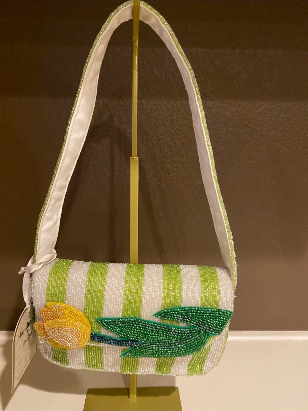 T.J. Maxx Viral Tulip Beaded Bag-Green & White Striped